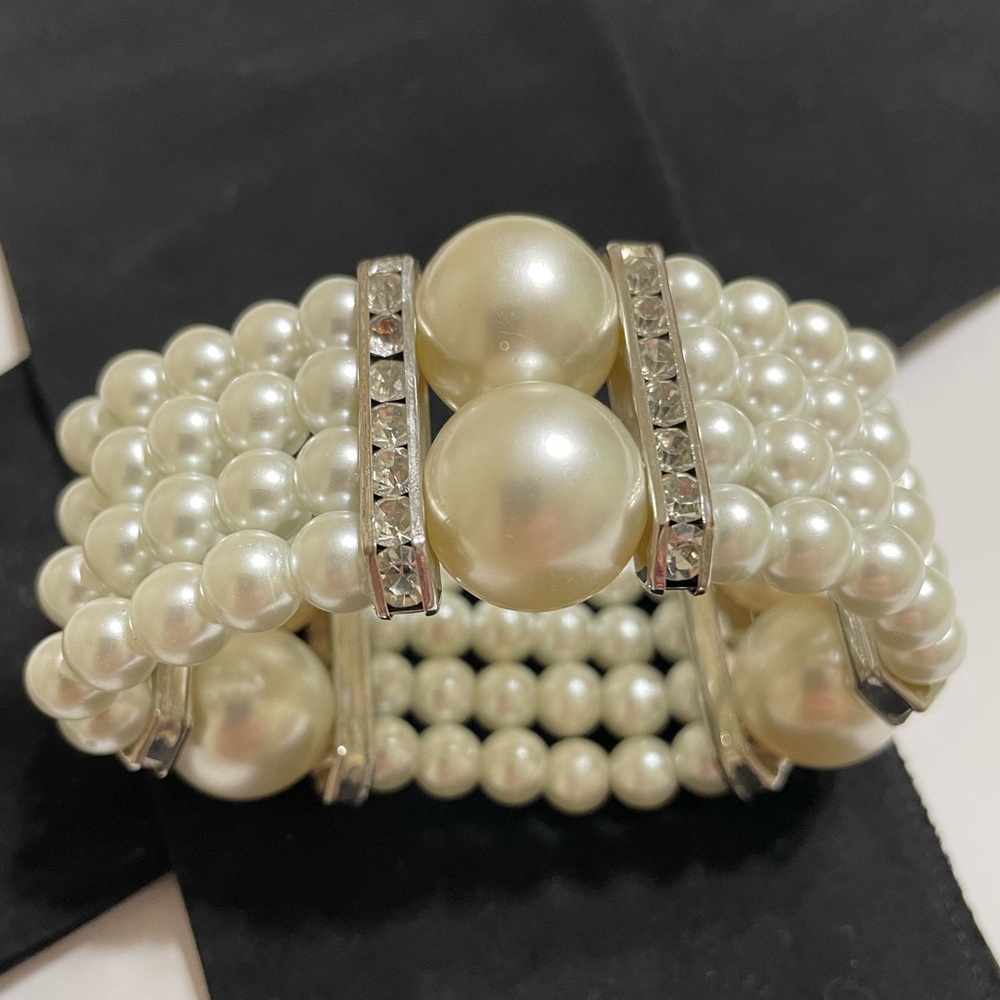 Vintage Stunning Faux Pearl and Diamond Cuff Stretch Multi-strand Bracelet
